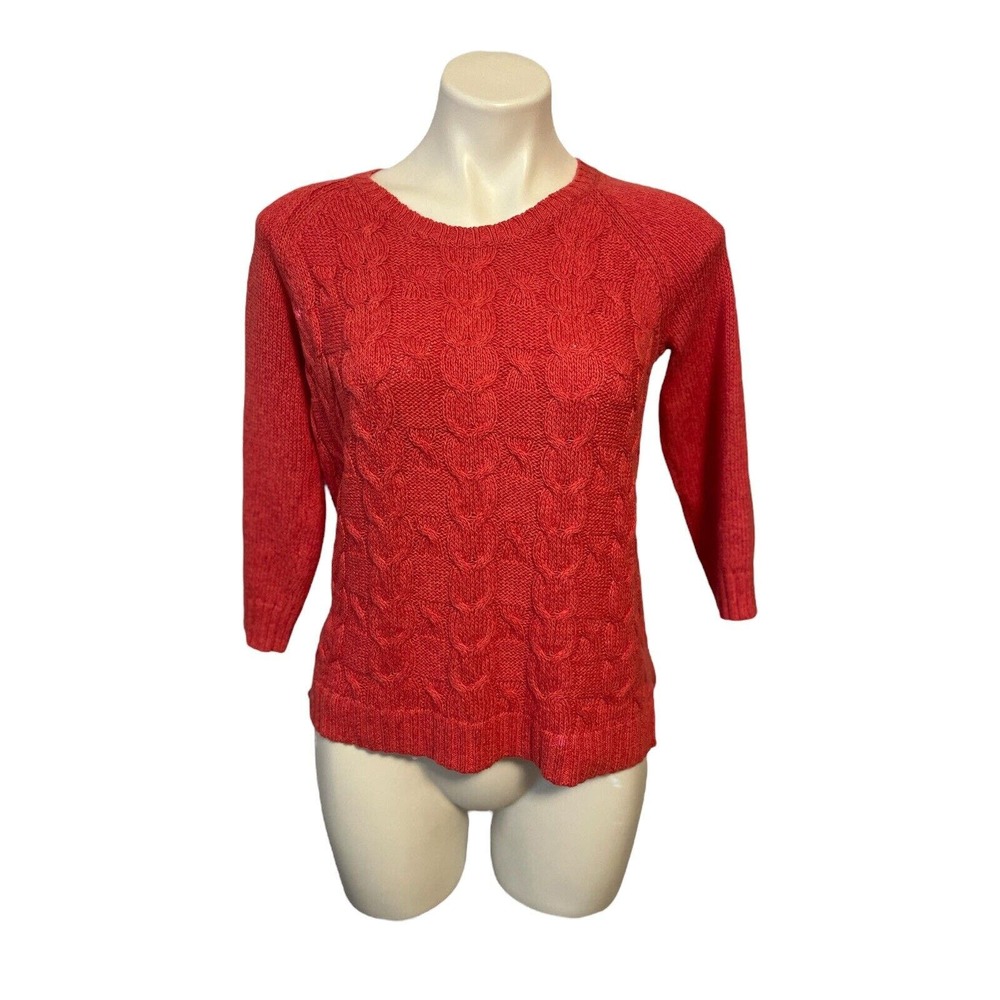 Talbots Cable Knit Sweater Womens Petite Small Pink Linen Blend 3/4 Sleeve EUC